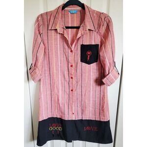 Jagga M Women's Shirt Dress‎ Love Good Striped Red Black Cuff Slv Button Front